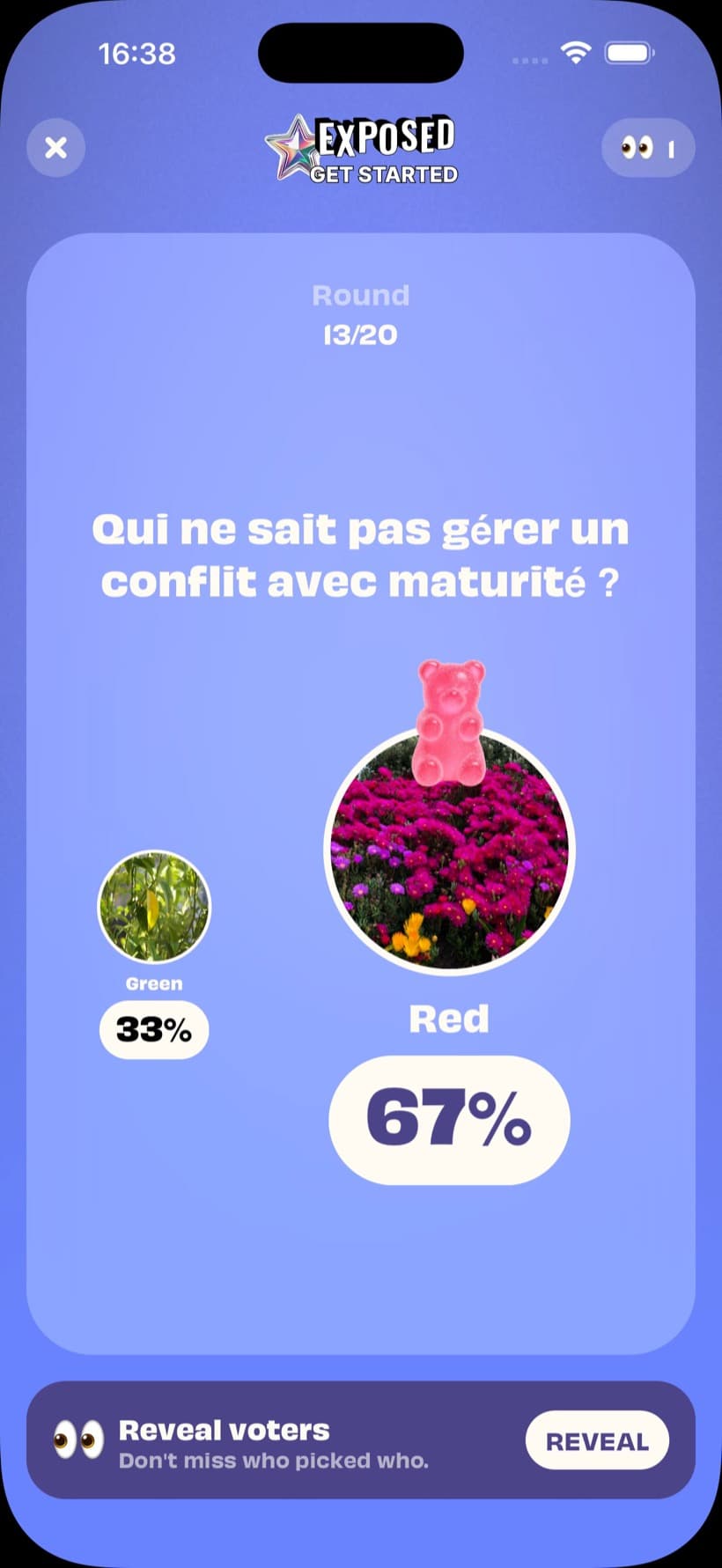 Exposed — manche de vote avec résultats en direct