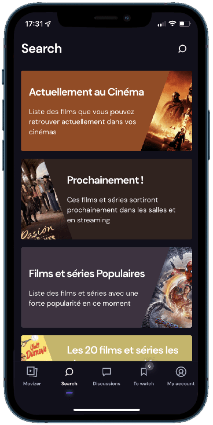 Movizer — écran de recherche : sélections de films et séries à découvrir