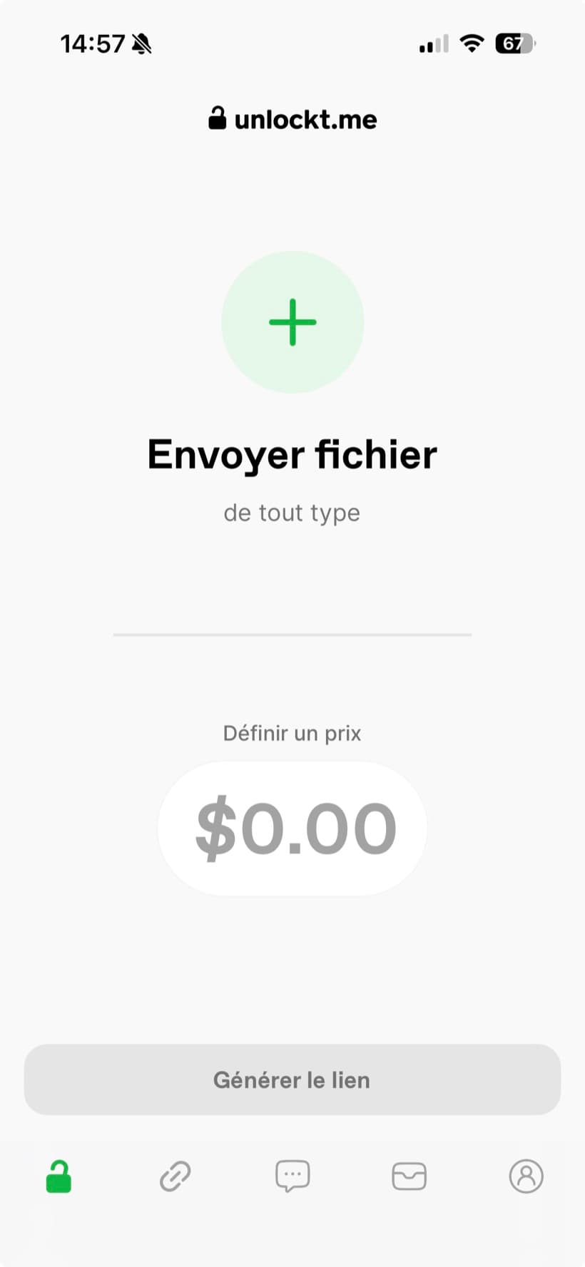 Unlockt — écran d'envoi de fichier (définir un prix, générer le lien)