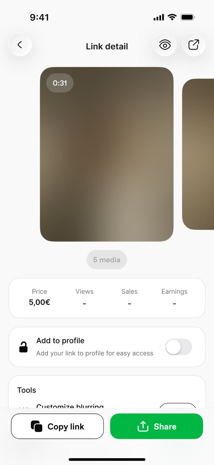 Unlockt — détail d'un lien (médias, prix, ventes, gains)